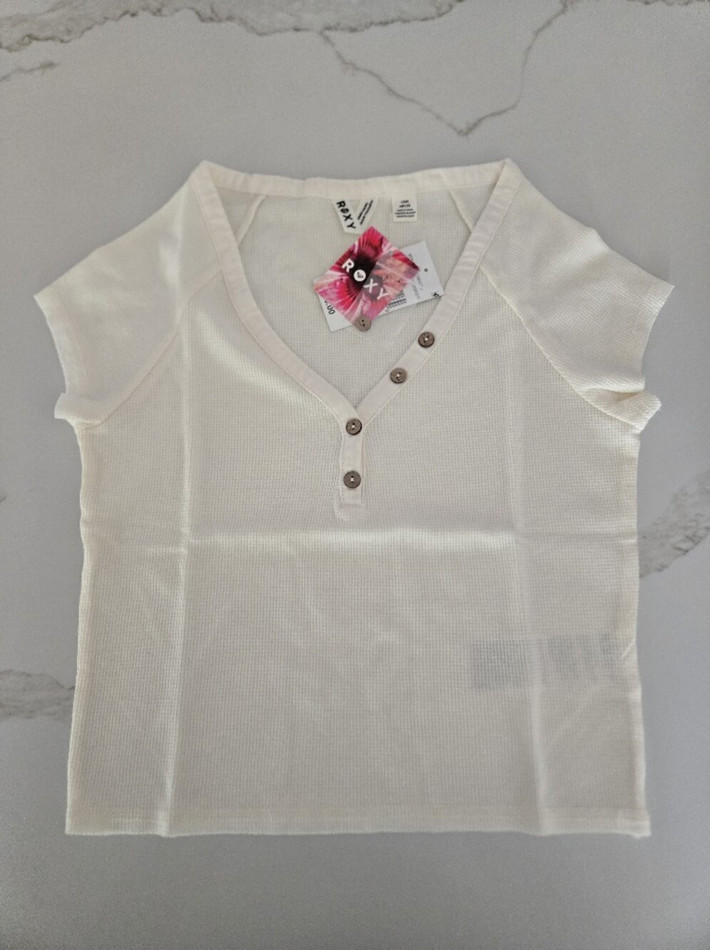 NWT Roxy Ivory Short Sleeve Henley Top